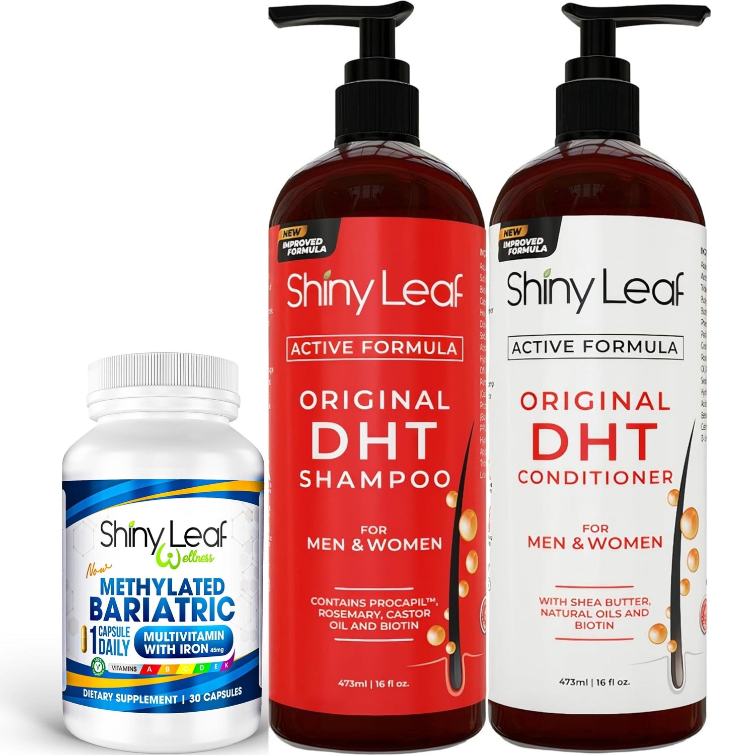 Bariatric Multivitamin with Iron With DHT Original Shampoo and Conditioner Hair Care Bundle by Shiny Leaf