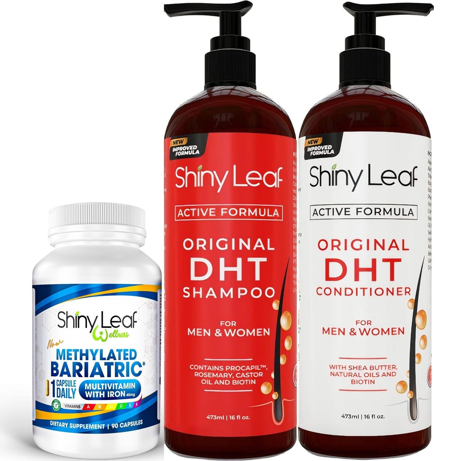 Bariatric Multivitamin with Iron With DHT Original Shampoo and Conditioner Hair Care Bundle by Shiny Leaf