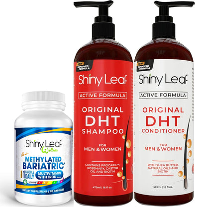 Bariatric Multivitamin with Iron With DHT Original Shampoo and Conditioner Hair Care Bundle by Shiny Leaf