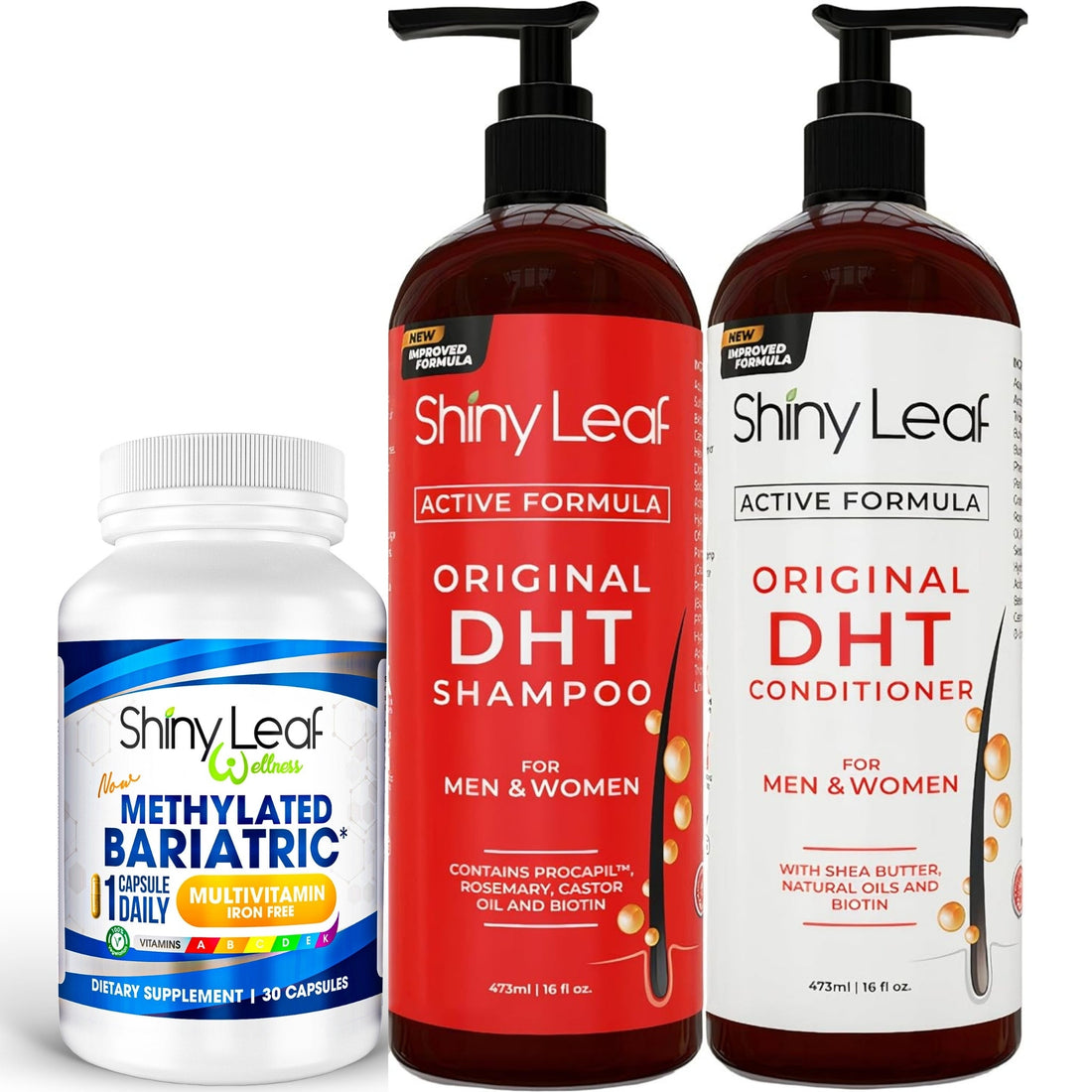 Bariatric Multivitamin Iron Free With DHT Original Shampoo and Conditioner Hair Care Bundle by Shiny Leaf