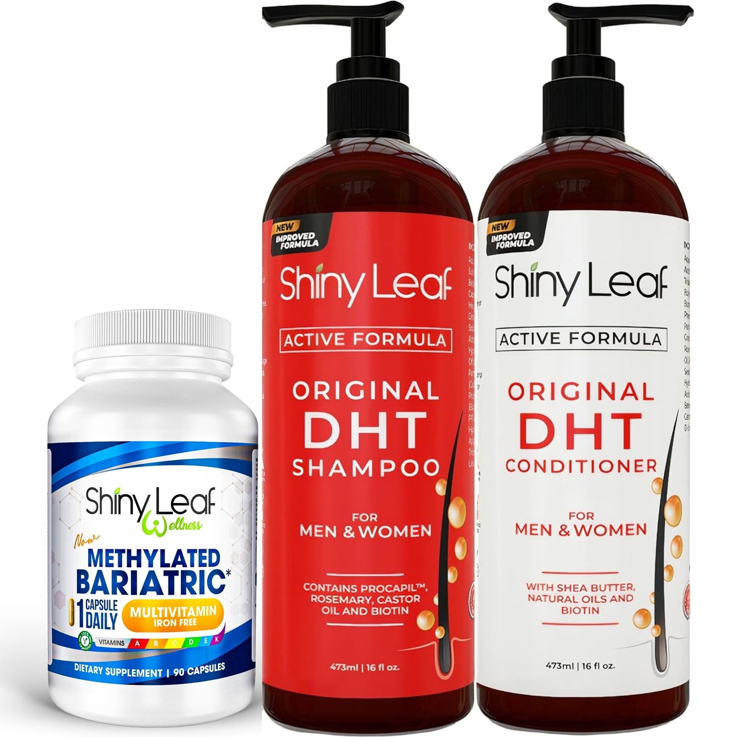 Bariatric Multivitamin Iron Free With DHT Original Shampoo and Conditioner Hair Care Bundle by Shiny Leaf