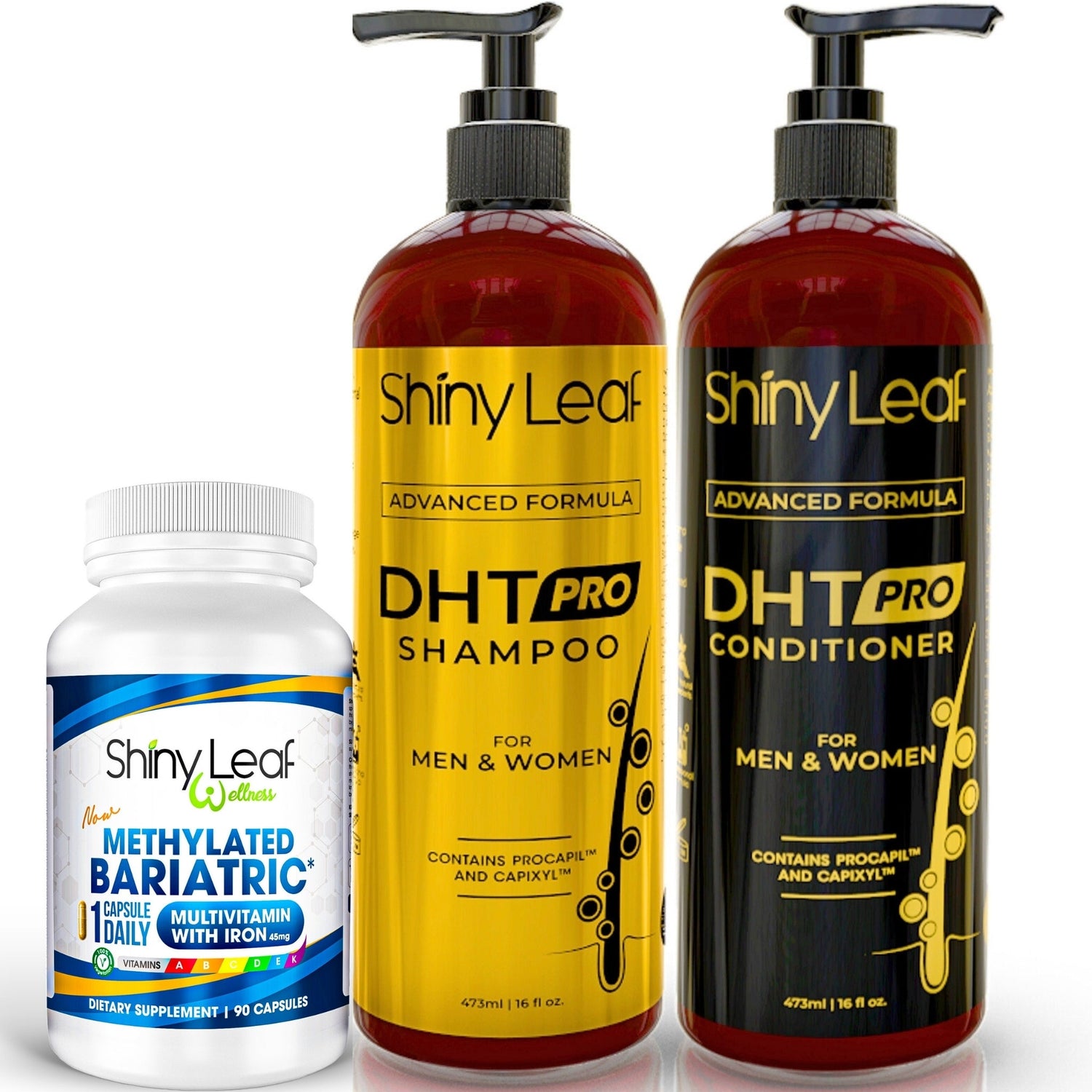 Bariatric Multivitamin with Iron With DHT Pro Shampoo and Conditioner Hair Care Bundle by Shiny Leaf