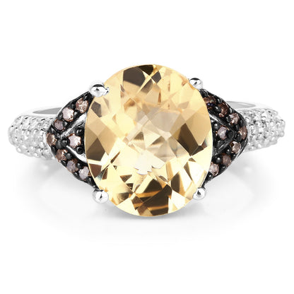 4.65 Carat Genuine Citrine, Champagne Diamond &amp; White Diamond .925 Sterling Silver Ring