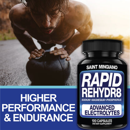 Rapid Rehydr8 Electrolyte Supplements 100 Capsules – Aid in The Prevention of Cramping and Supports Muscle Endurance and Recovery by Saint Mingiano - Supplements &amp; Wellness Dedicated to Holistic Health