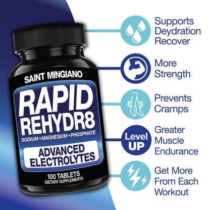 Rapid Rehydr8 Electrolyte Supplements 100 Capsules – Aid in The Prevention of Cramping and Supports Muscle Endurance and Recovery by Saint Mingiano - Supplements &amp; Wellness Dedicated to Holistic Health