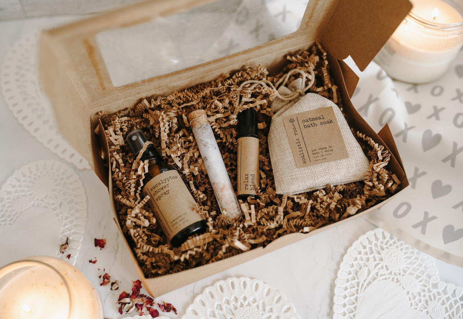Gift Set- Shower Spray, Relax Roller, Oatmeal Soak &amp; Rose Bath Salt by Soulistic Root