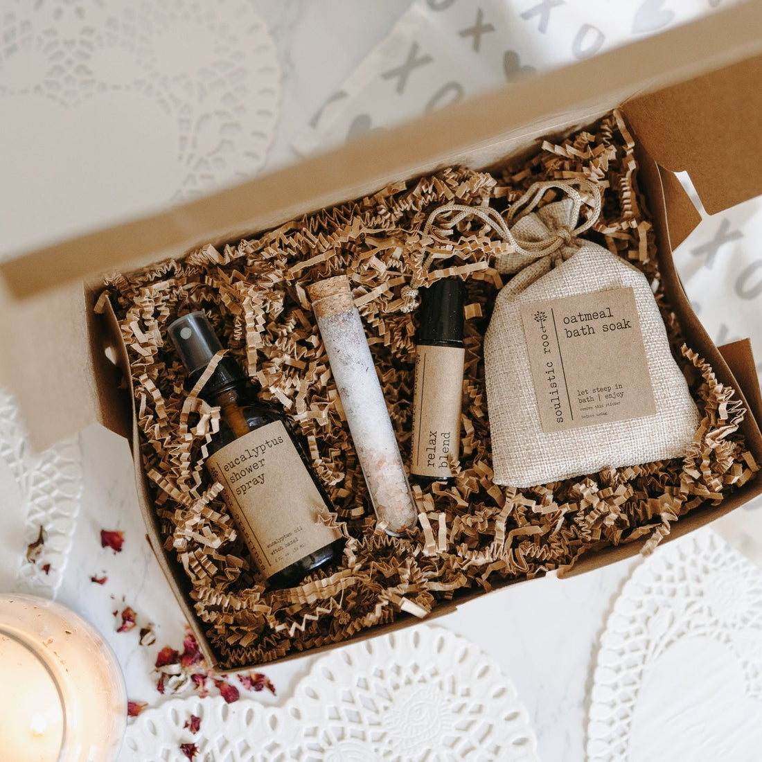 Gift Set- Shower Spray, Relax Roller, Oatmeal Soak &amp; Rose Bath Salt by Soulistic Root