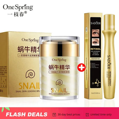 Snail Face Cream + Retinol Eye Massage Roller Serum 2Pcs Moisturizing Eye Bag Face Cream Korean Skin Care Products by Korean Skin Care