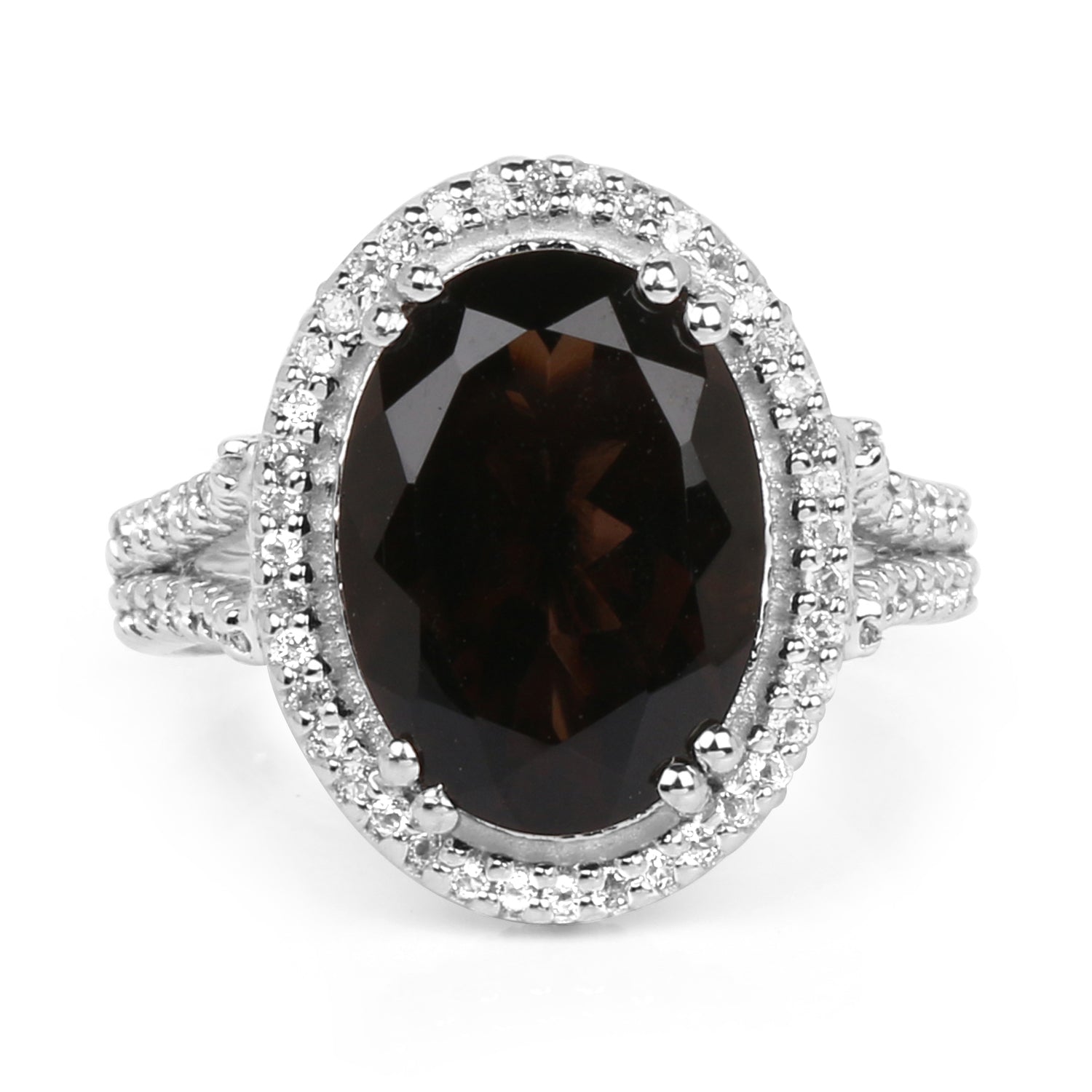 5.80 Carat Genuine Smoky Quartz &amp; White Topaz .925 Sterling Silver Ring