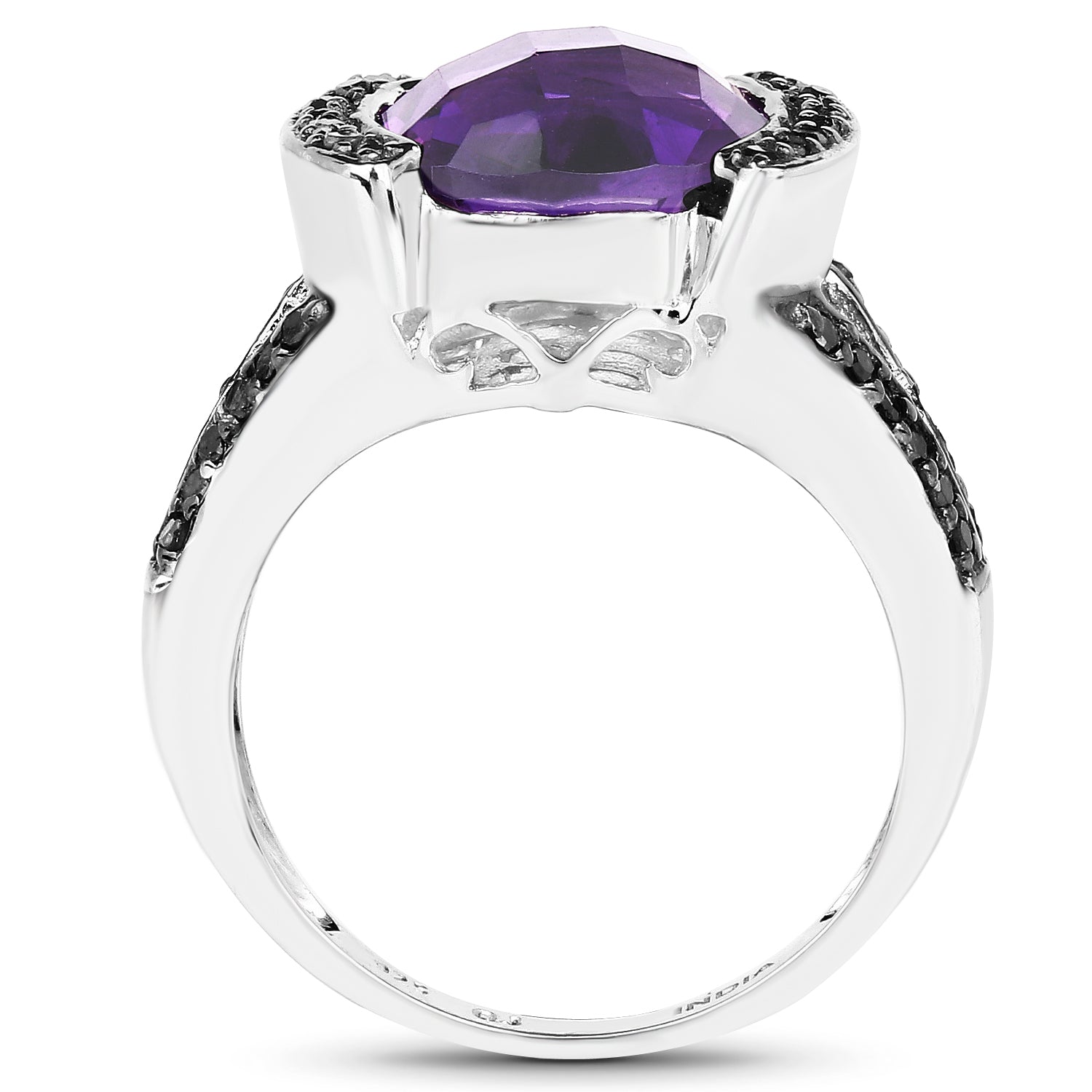 3.24 Carat Genuine Amethyst &amp; Black Diamond .925 Sterling Silver Ring