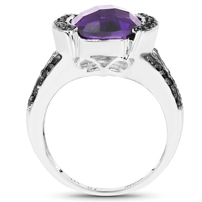 3.24 Carat Genuine Amethyst &amp; Black Diamond .925 Sterling Silver Ring