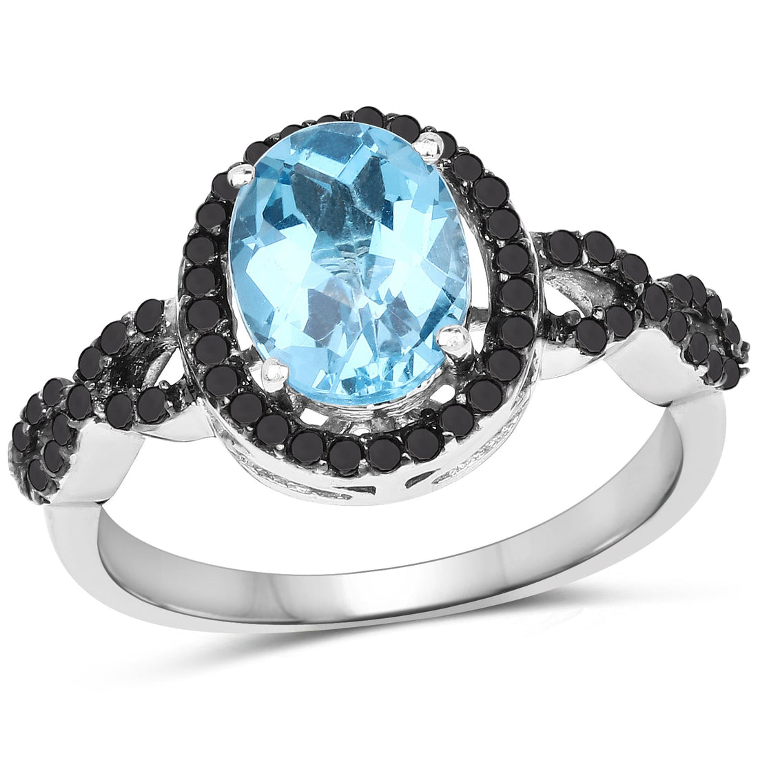 2.92 Carat Genuine Blue Topaz, Black Diamond &amp; White Diamond .925 Sterling Silver Ring