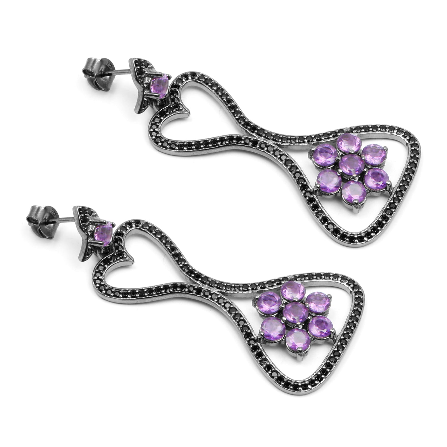 6.31 Carat Genuine Amethyst &amp; Black Spinel .925 Sterling Silver Earrings
