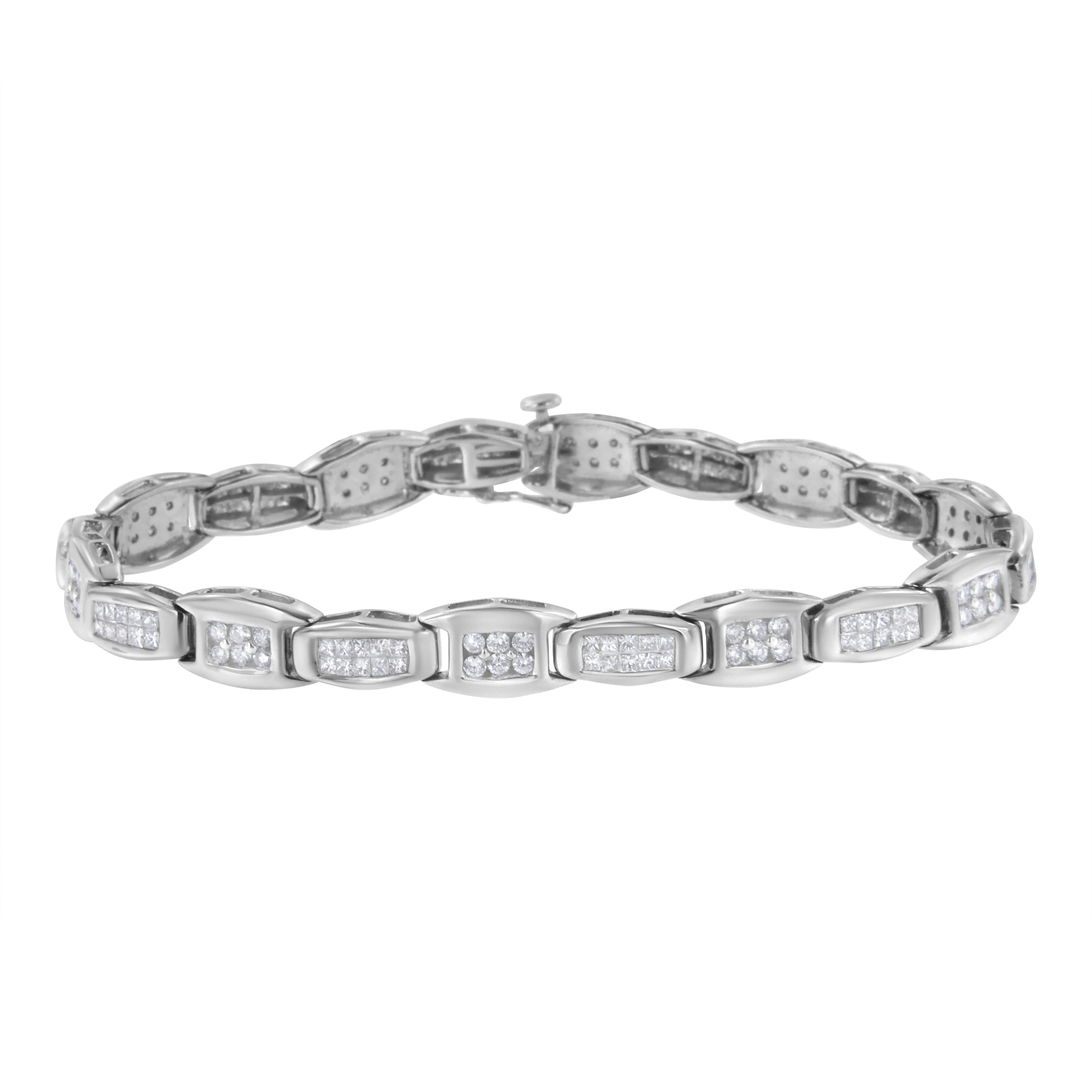 14K White Gold 2-1/2 Cttw Round-Brilliant &amp; Baguette Cut Diamond 7" Alternating Flared Links Tennis Bracelet (H-I Color, SI1-SI2 Clarity)