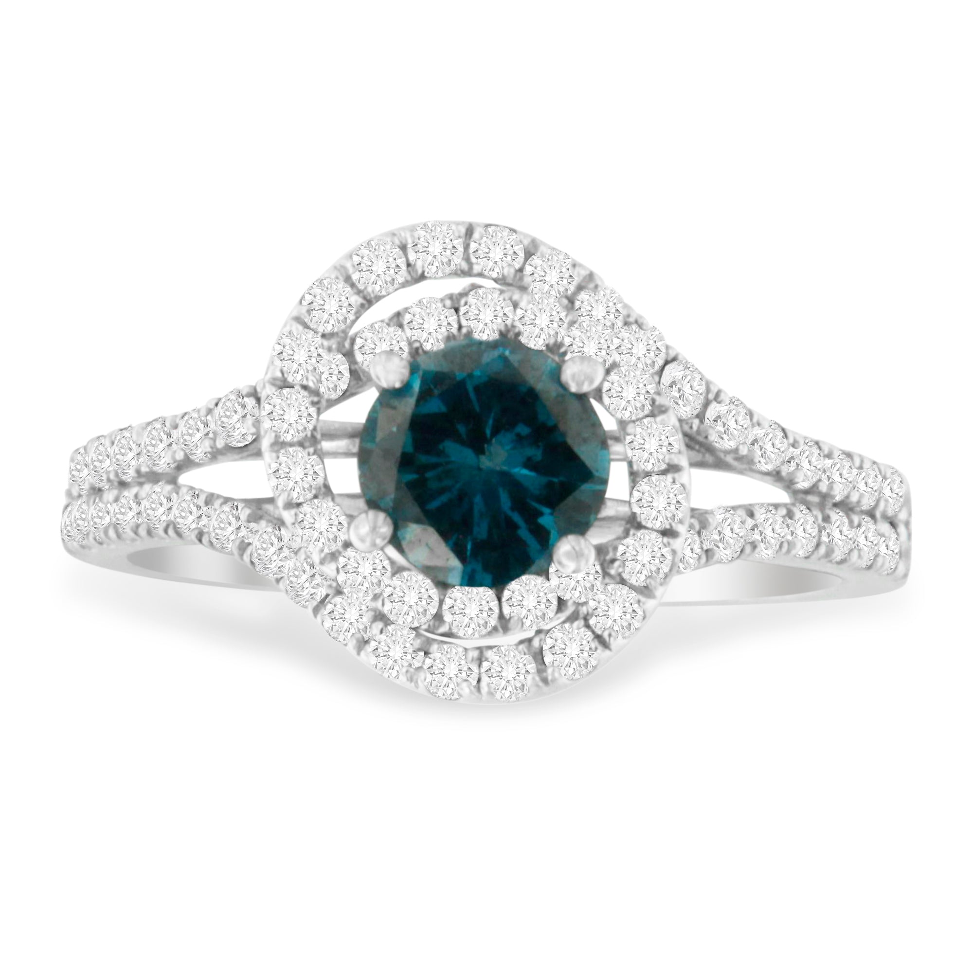 14K White Gold 1-1/3 Cttw White &amp; Blue Diamond Interweaving Double Halo Cocktail Statement Ring (G-H and Fancy Blue Color, SI2-I1 Clarity) - Size 6