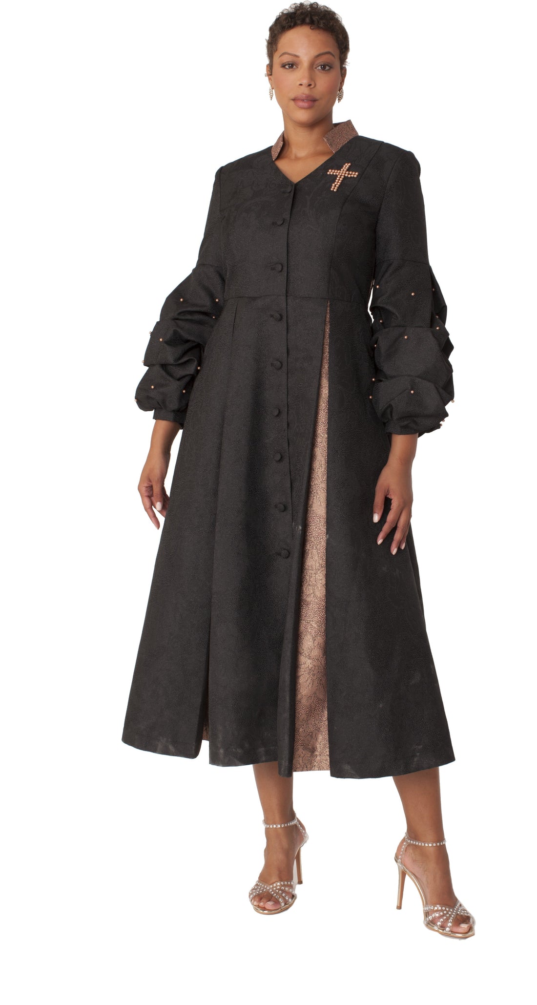 Formal Dress Robe with Puff Sleeves with Pearl Cross Accent- 4850 by Tally Taylor