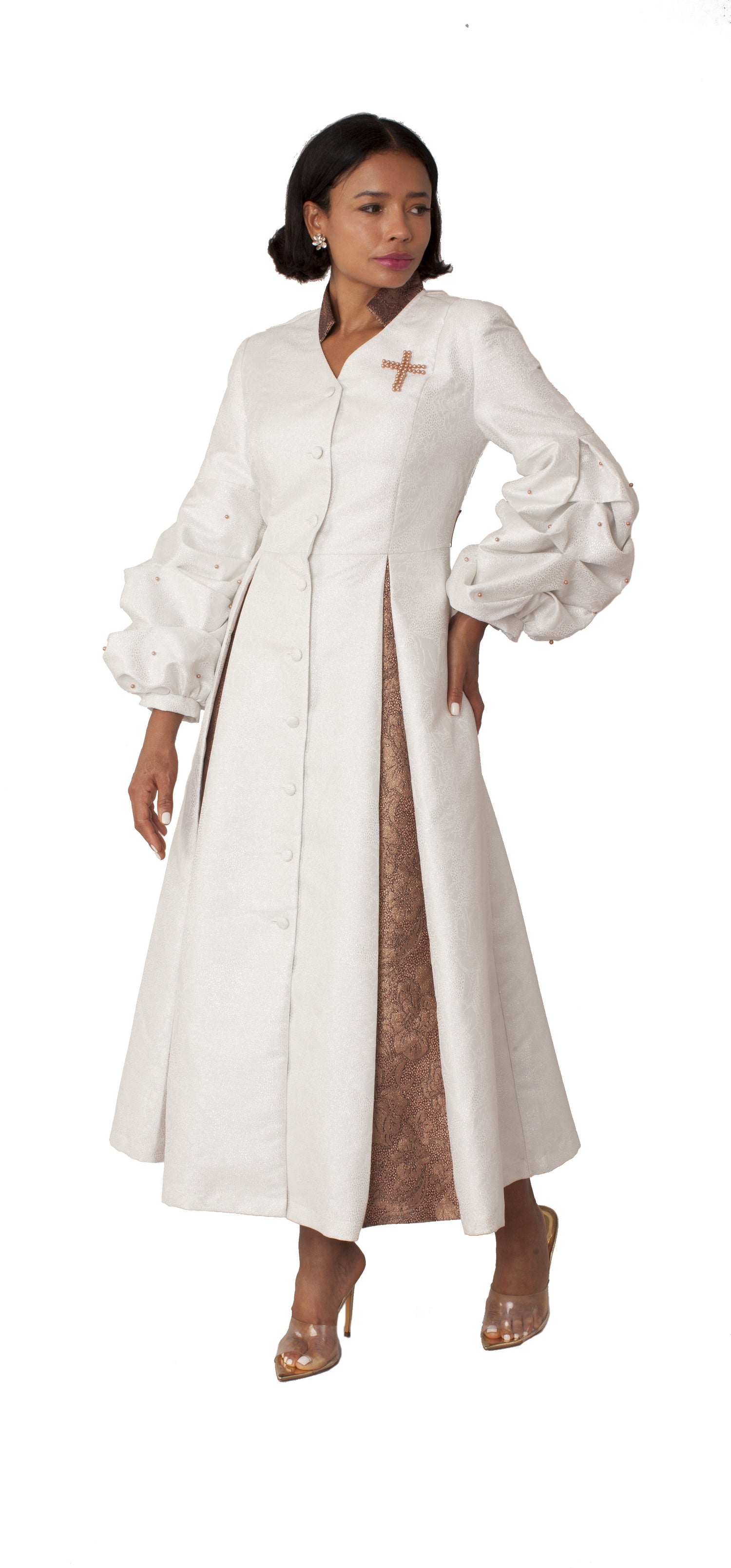 Formal Dress Robe with Puff Sleeves with Pearl Cross Accent- 4850 by Tally Taylor