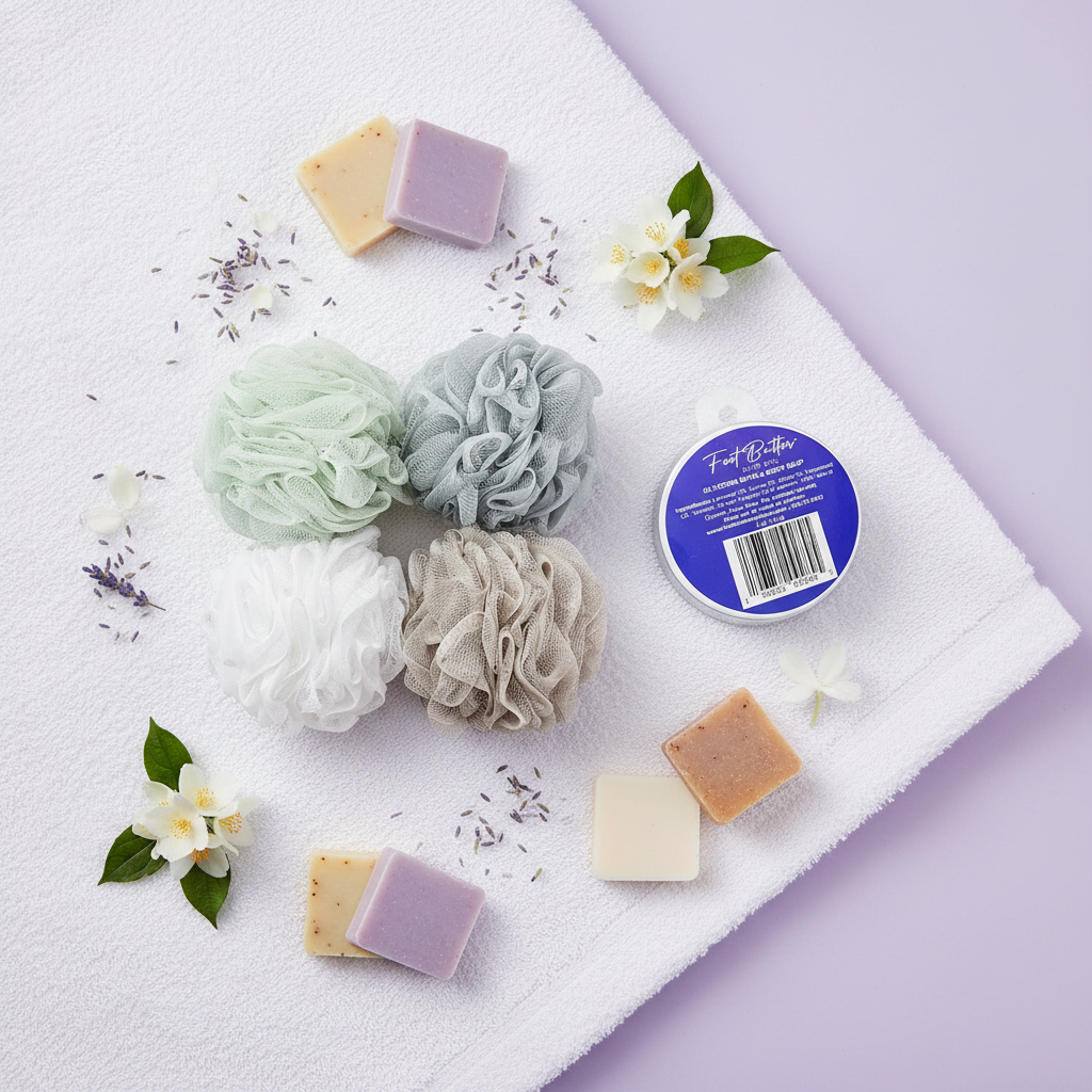 Lavender Bath Bundle – Moisturizing Glycerin Soaps &amp; Shower Loofah Set by Foot Butter by Dr Ron