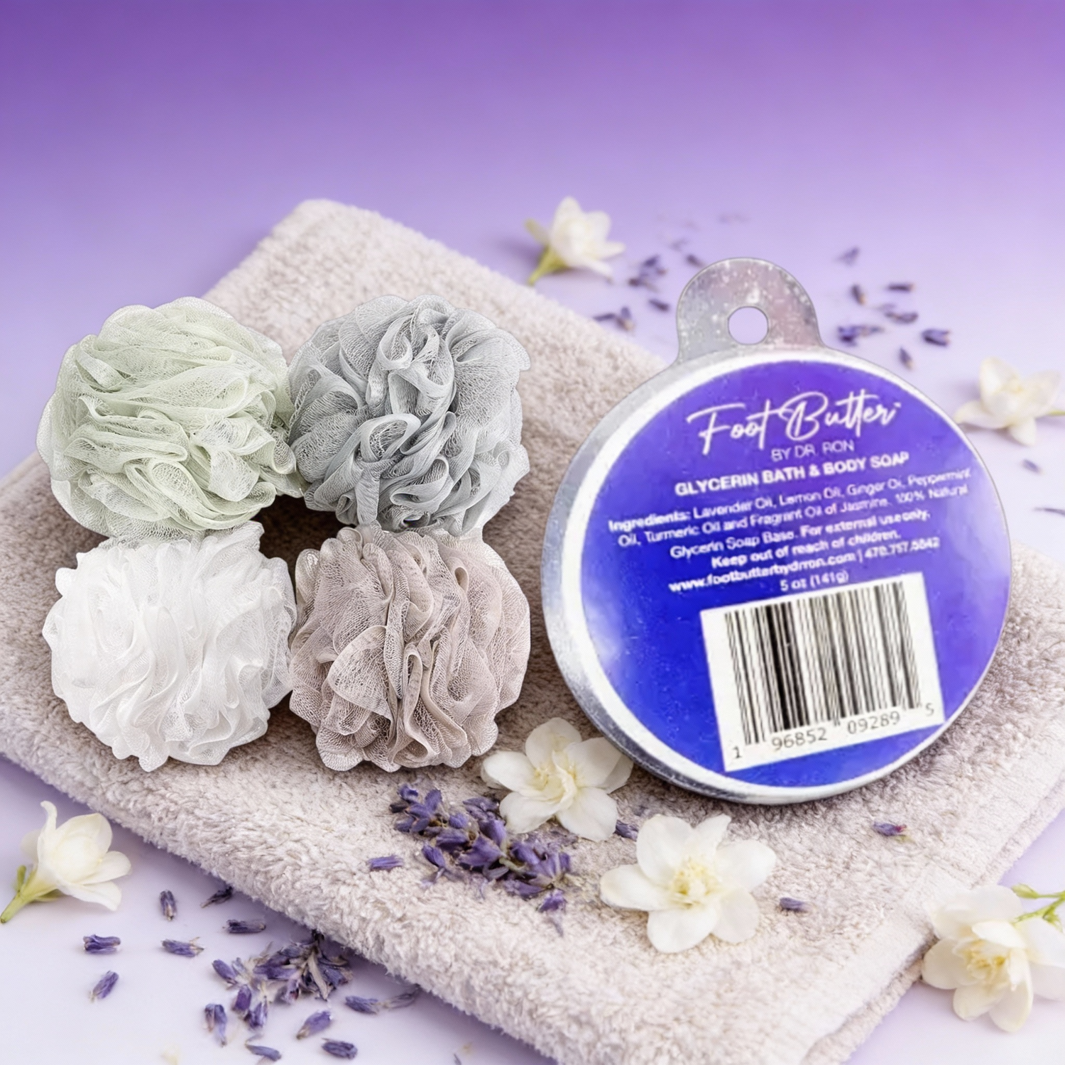 Lavender Bath Bundle – Moisturizing Glycerin Soaps &amp; Shower Loofah Set by Foot Butter by Dr Ron