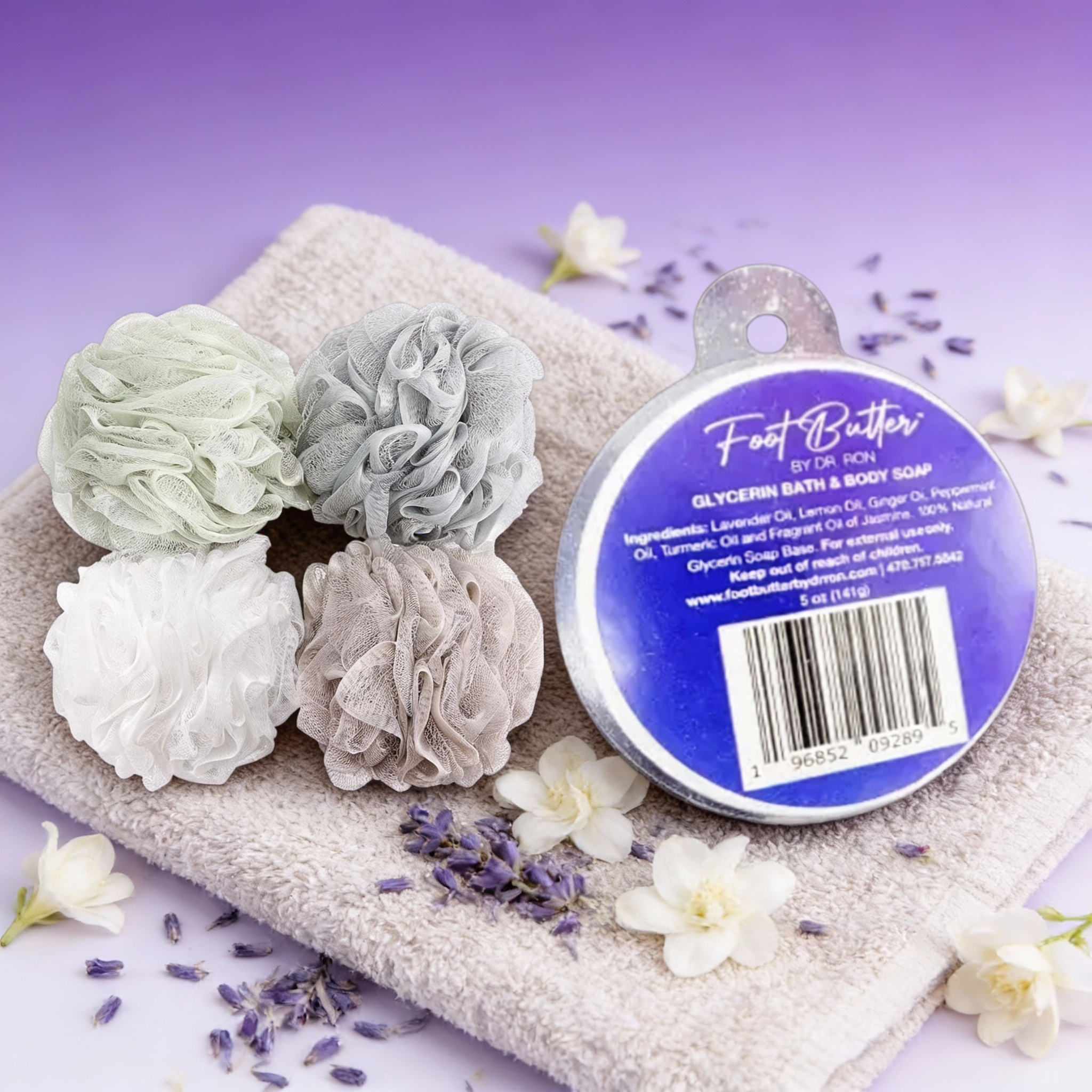 Lavender Bath Bundle – Moisturizing Glycerin Soaps &amp; Shower Loofah Set by Foot Butter by Dr Ron