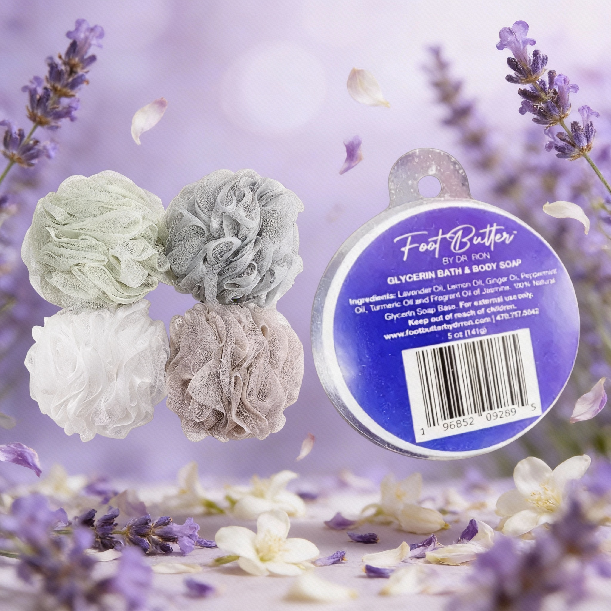 Lavender Bath Bundle – Moisturizing Glycerin Soaps &amp; Shower Loofah Set by Foot Butter by Dr Ron