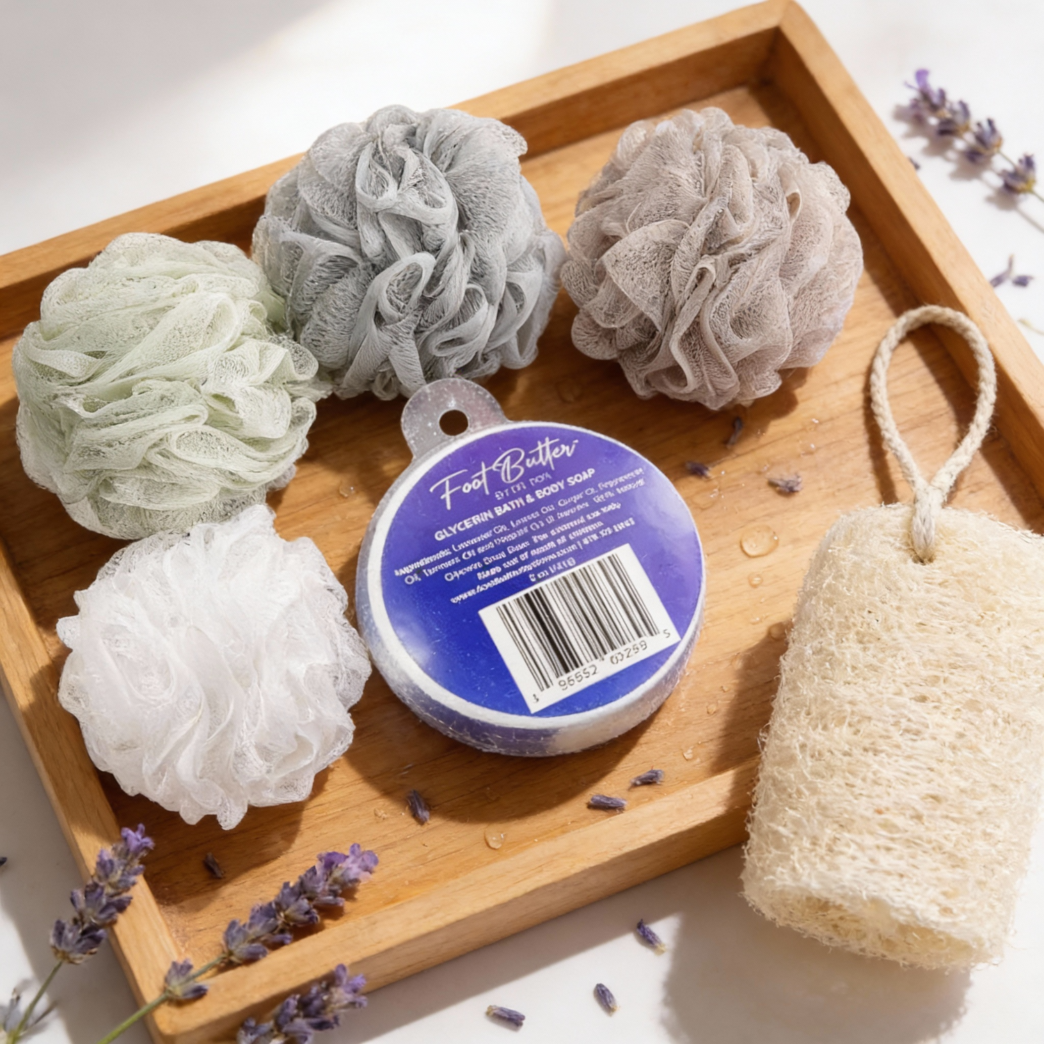Lavender Bath Bundle – Moisturizing Glycerin Soaps &amp; Shower Loofah Set by Foot Butter by Dr Ron