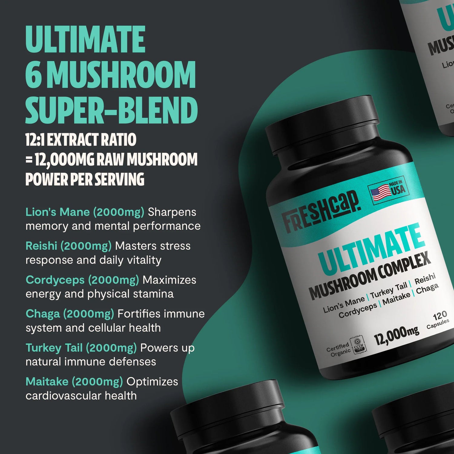 Organic Mushroom Complex Supplement Capsules by FreshCap Mushrooms