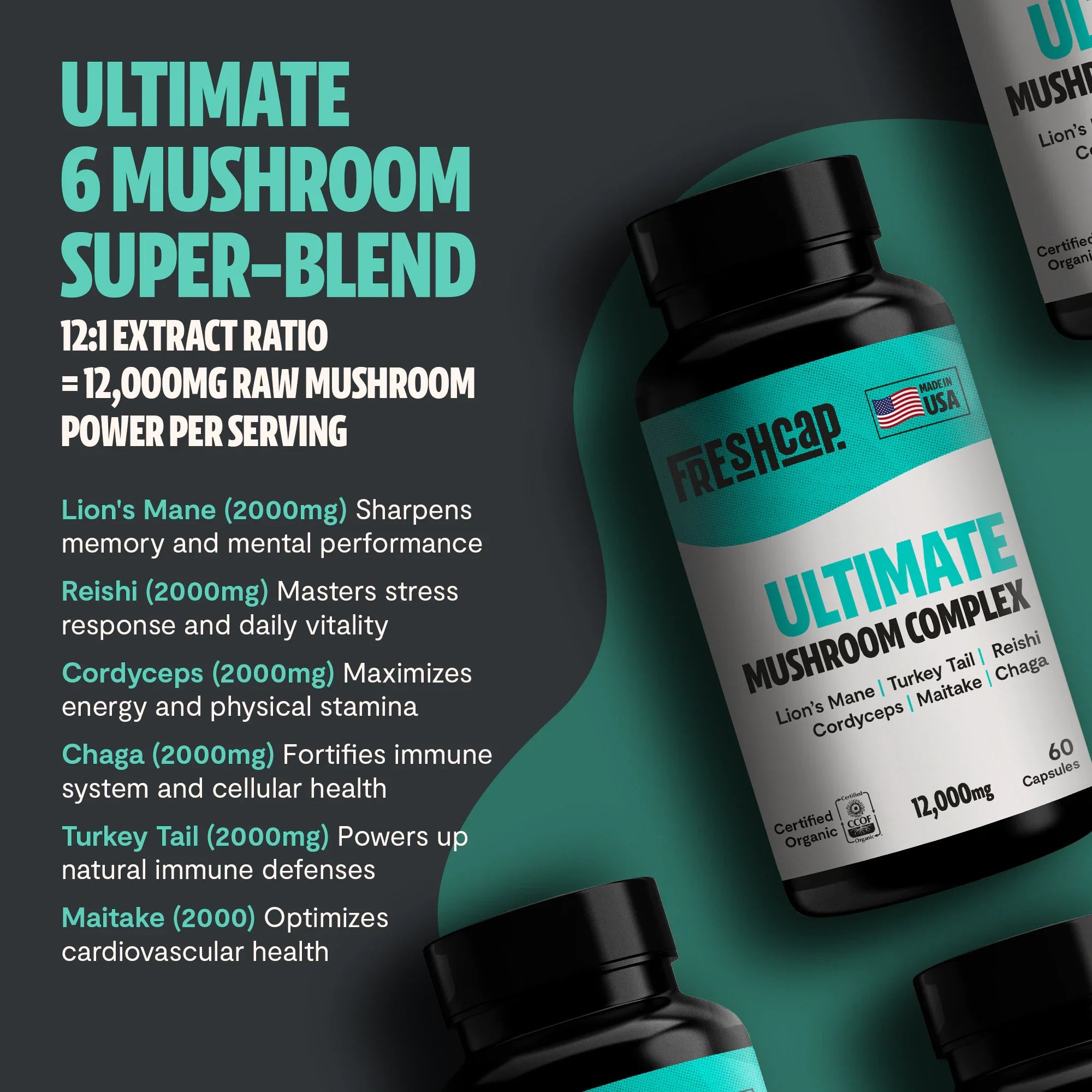 Organic Mushroom Complex Supplement Capsules by FreshCap Mushrooms