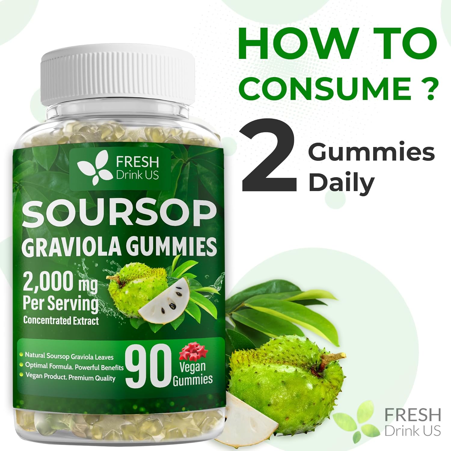 Premium 90 Soursop Graviola Gummies by FreshDrinkUS - Natural and Premium Herbal Tea