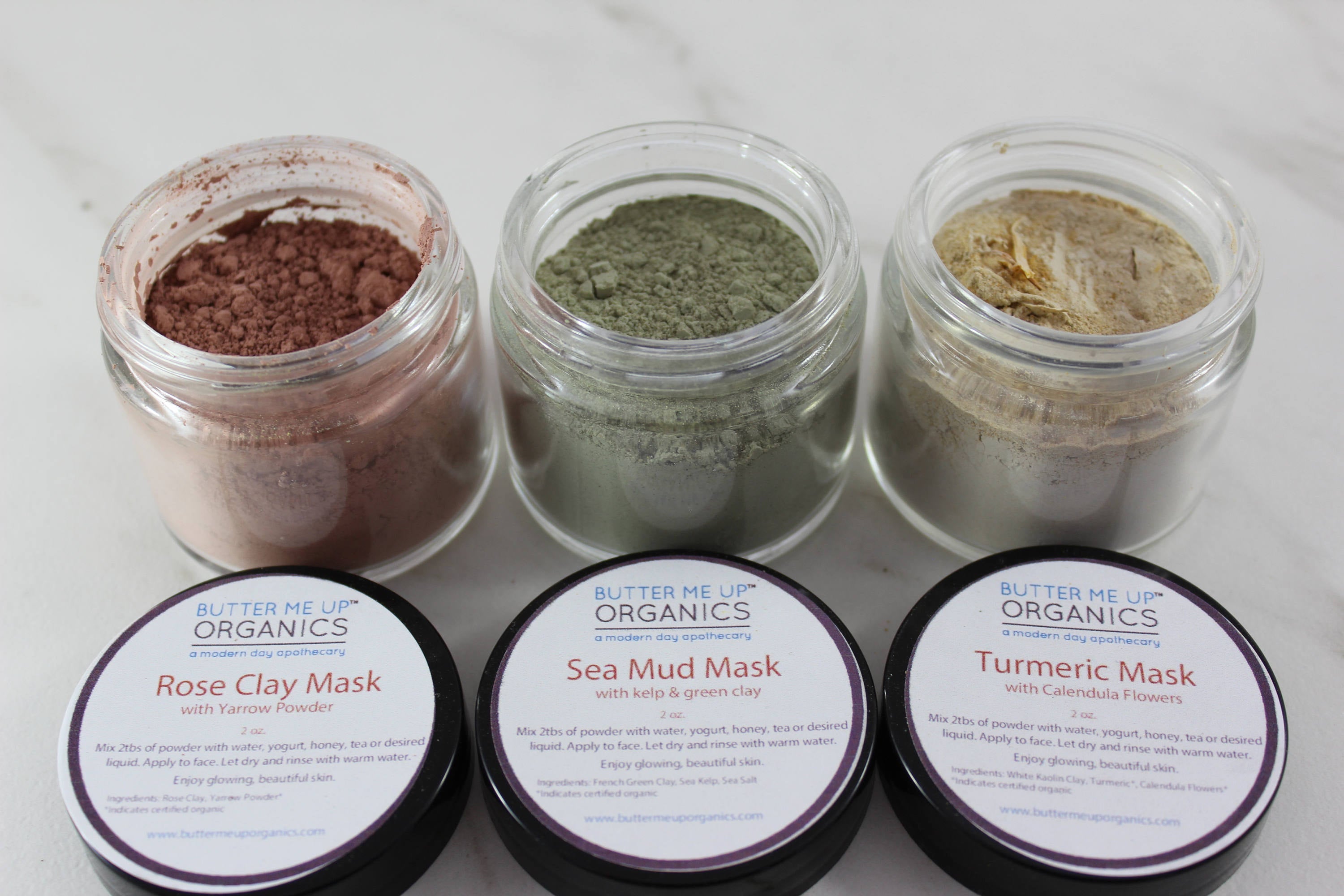 Clay Face Mask Trio Rose Clay French Green Clay Kaolin Clay Turmeric Kelp Calendula by Butter Me Up Organics