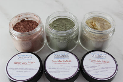 Clay Face Mask Trio Rose Clay French Green Clay Kaolin Clay Turmeric Kelp Calendula by Butter Me Up Organics