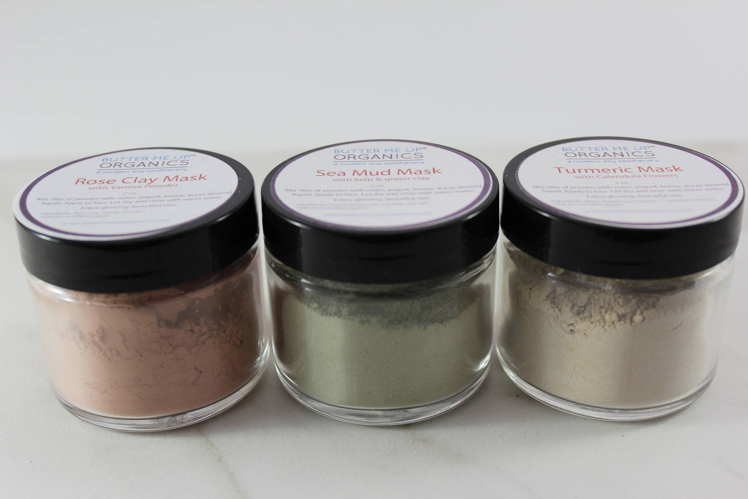 Clay Face Mask Trio Rose Clay French Green Clay Kaolin Clay Turmeric Kelp Calendula by Butter Me Up Organics