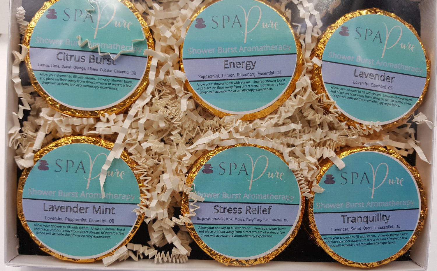 Gift Set with 6 Aromatherapy Shower Tablets - Best Sellers - 100% Essential Oil Blends by Spa Pure