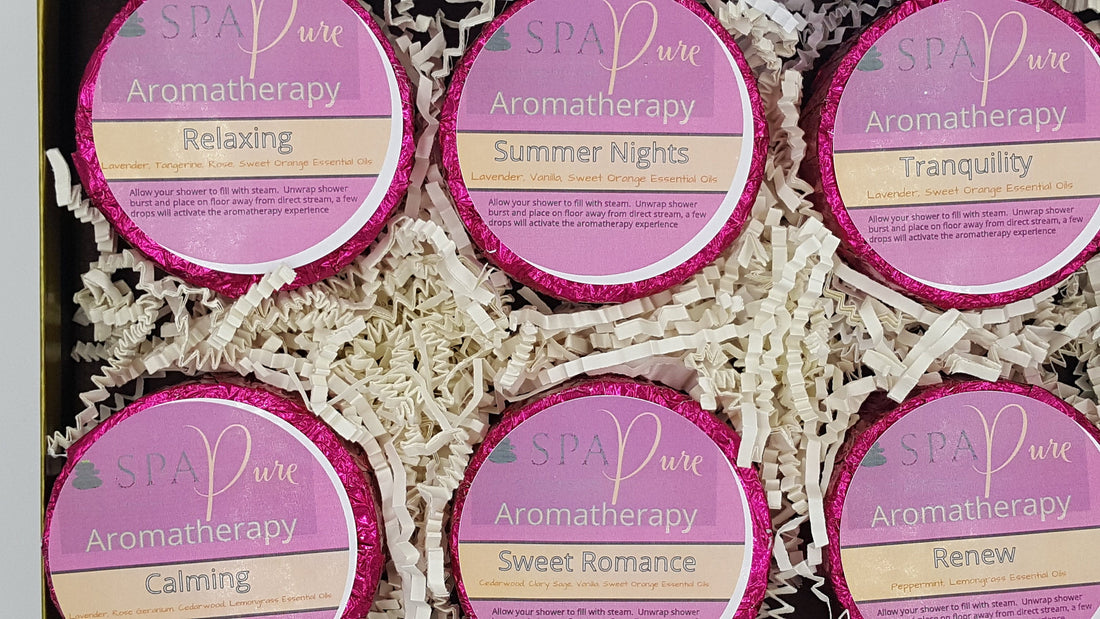 Gift Set with 6 Aromatherapy Shower Tablets - Wildberry - 100% Essential Oil Blends "SERENE" by Spa Pure