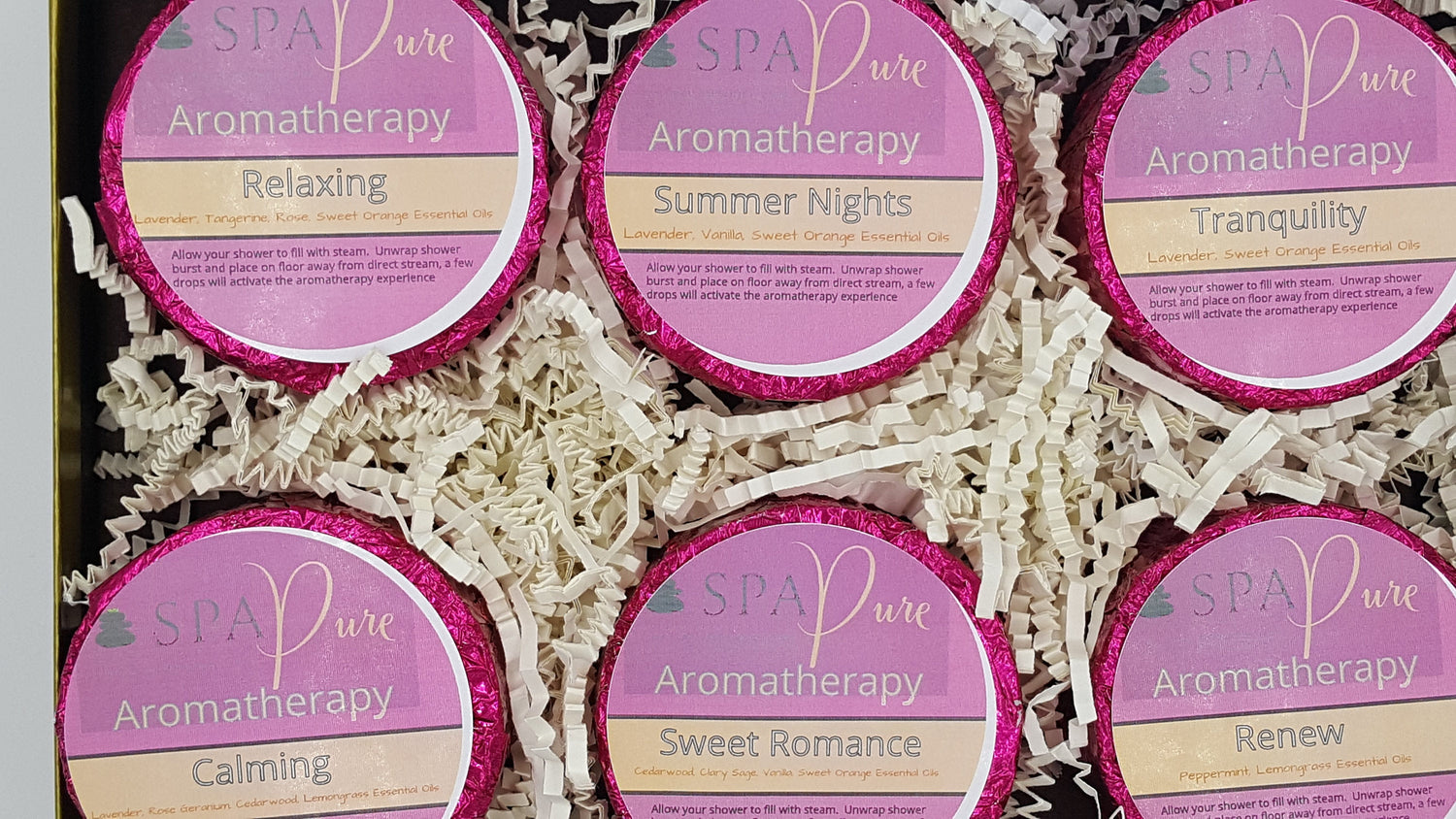Gift Set with 6 Aromatherapy Shower Tablets - Wildberry - 100% Essential Oil Blends "SERENE" by Spa Pure