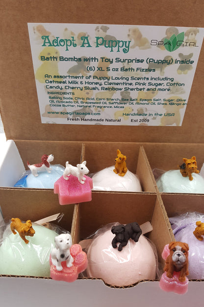 Adorable Kids Bath Bomb Gift Set, 6 Bath Bombs with (ADOPT-A-PUPPY) toys inside by Spa Pure