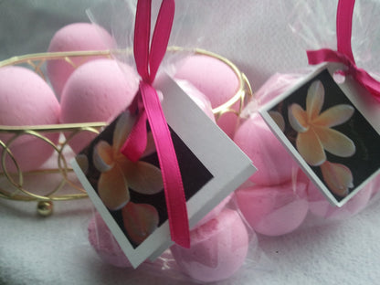 14 bath bombs in Plumeria fragrance, gift bag bath fizzies, great for dry skin, shea, cocoa, 7 ultra rich oils by Spa Pure