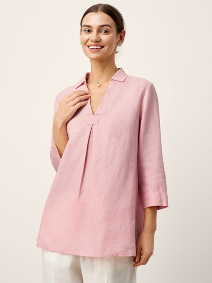100% Linen Layered Lapel V-neck Sculpted Front Pleat Longline Top ODALYS by LINTICO