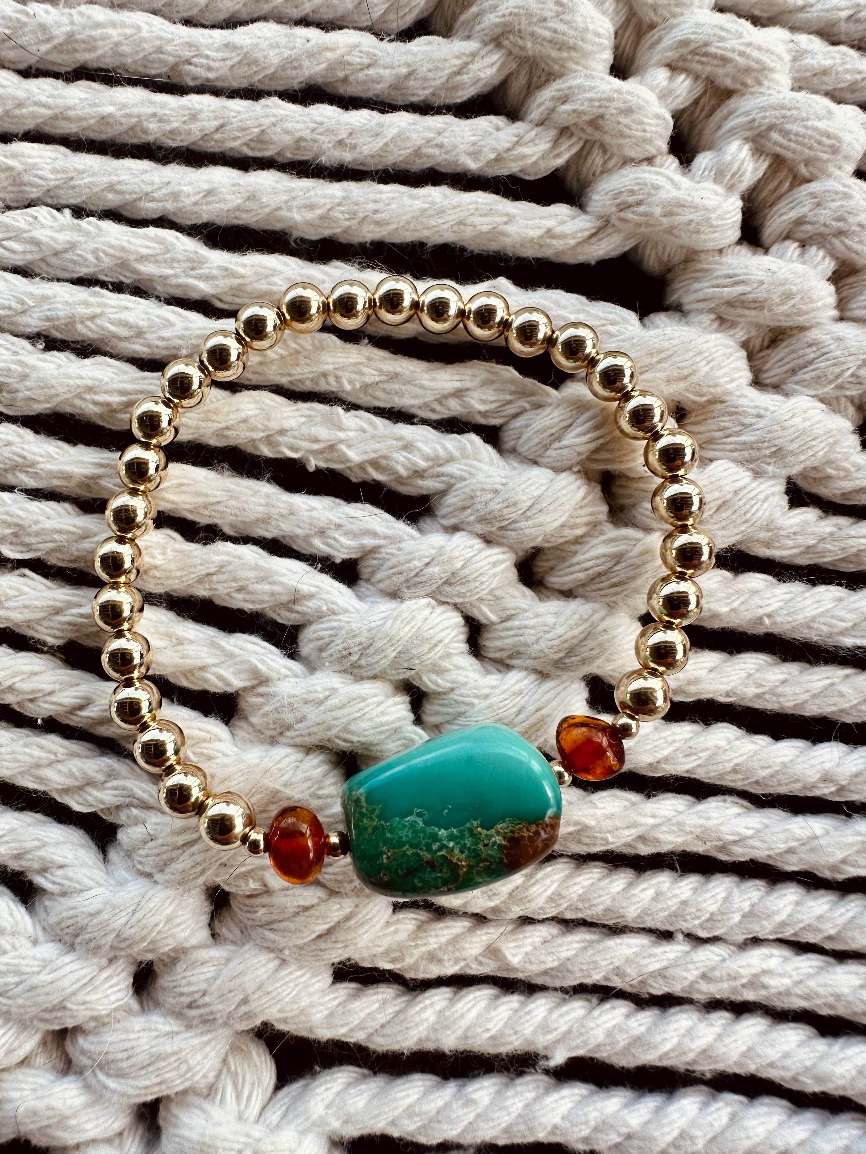 Natural Turquoise + Baltic Amber || 14K Gold Filled || Adult Stretch Bracelet by CanyonLeaf
