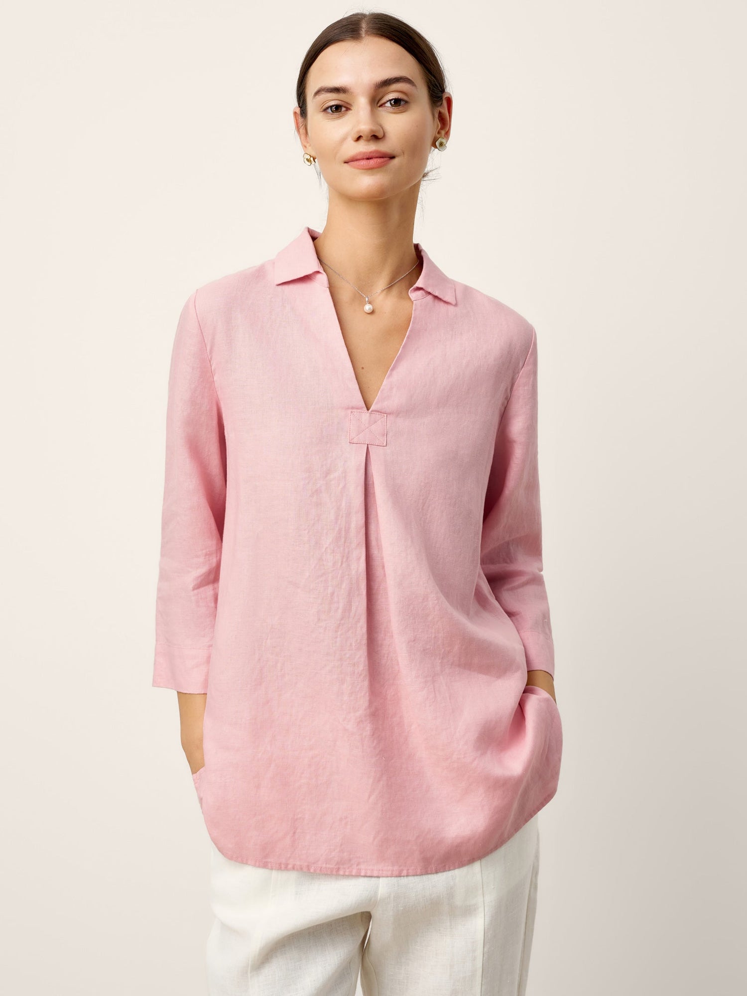 100% Linen Layered Lapel V-neck Sculpted Front Pleat Longline Top ODALYS by LINTICO
