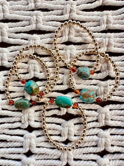 Natural Turquoise + Baltic Amber || 14K Gold Filled || Adult Stretch Bracelet by CanyonLeaf