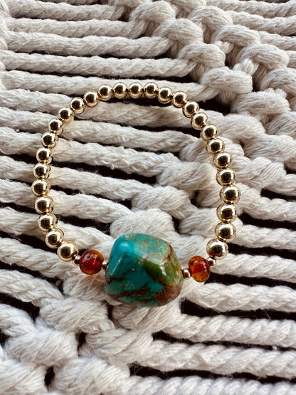 Natural Turquoise + Baltic Amber || 14K Gold Filled || Adult Stretch Bracelet by CanyonLeaf