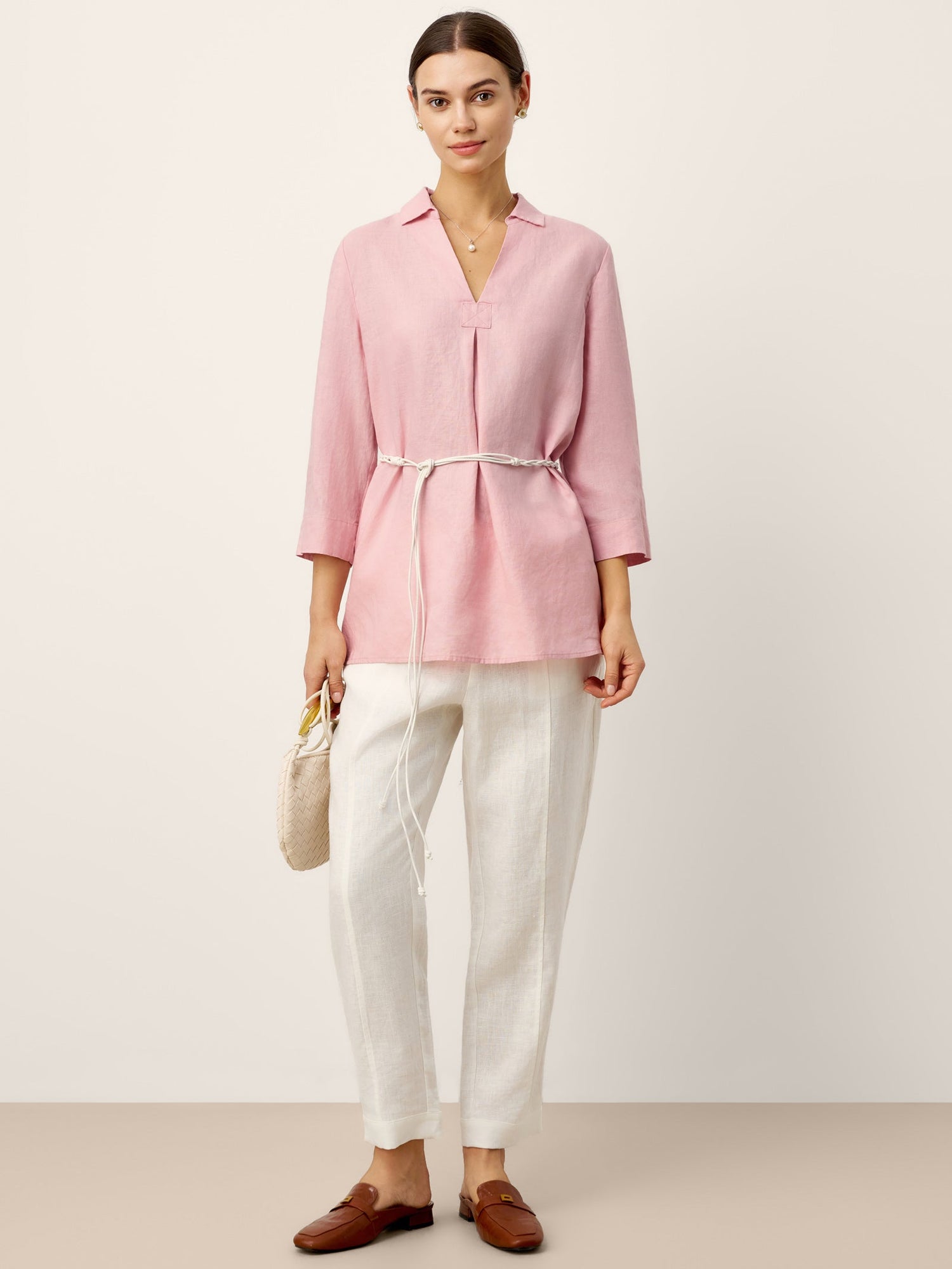 100% Linen Layered Lapel V-neck Sculpted Front Pleat Longline Top ODALYS by LINTICO