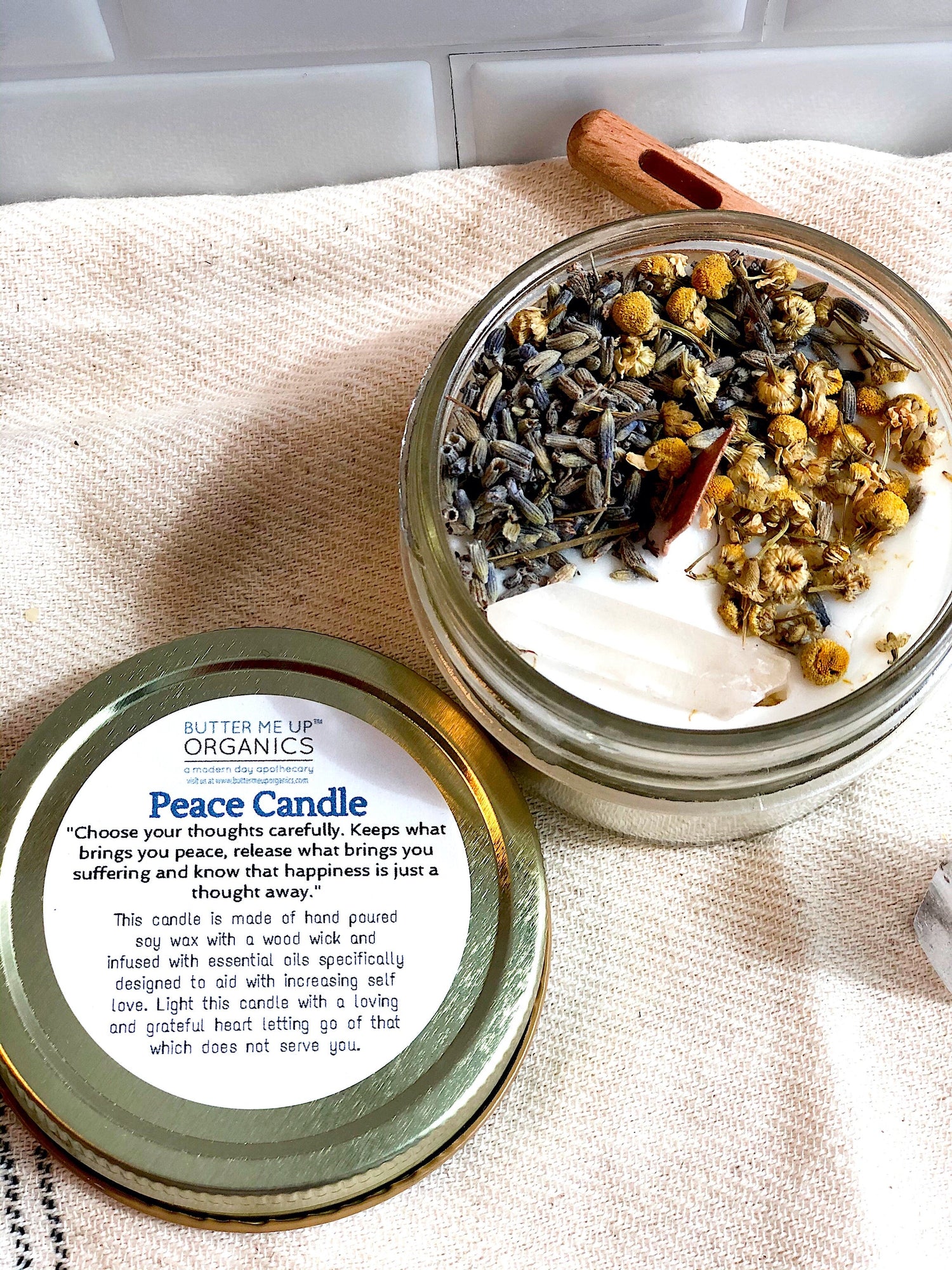 Peace Candle / Serenity Candle / Intention Candle / Ritual Candle / Crystal Candle / Pretty Candle / Organic Soy Wax Candle / Botanicals by Butter Me Up Organics