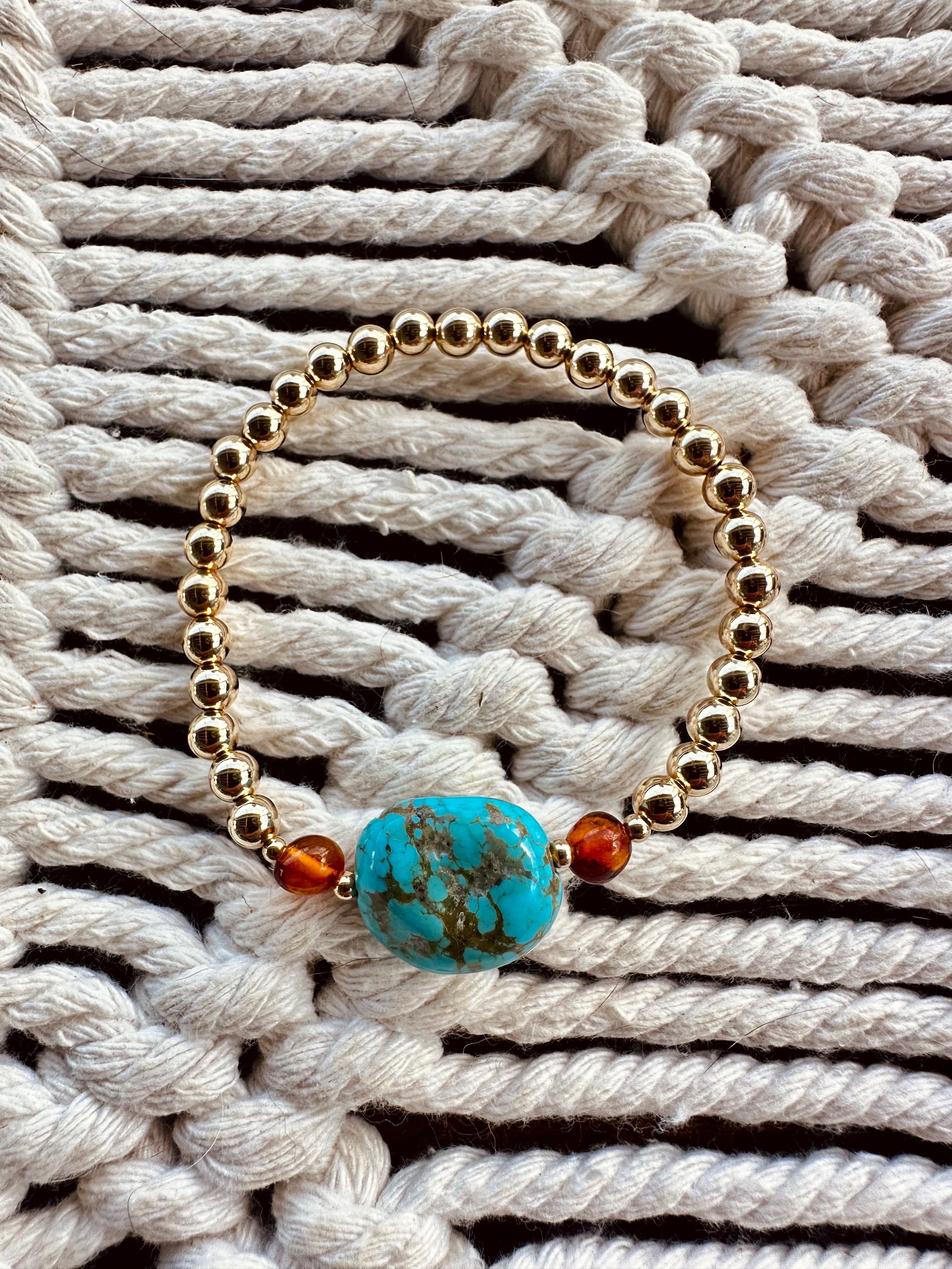 Natural Turquoise + Baltic Amber || 14K Gold Filled || Adult Stretch Bracelet by CanyonLeaf