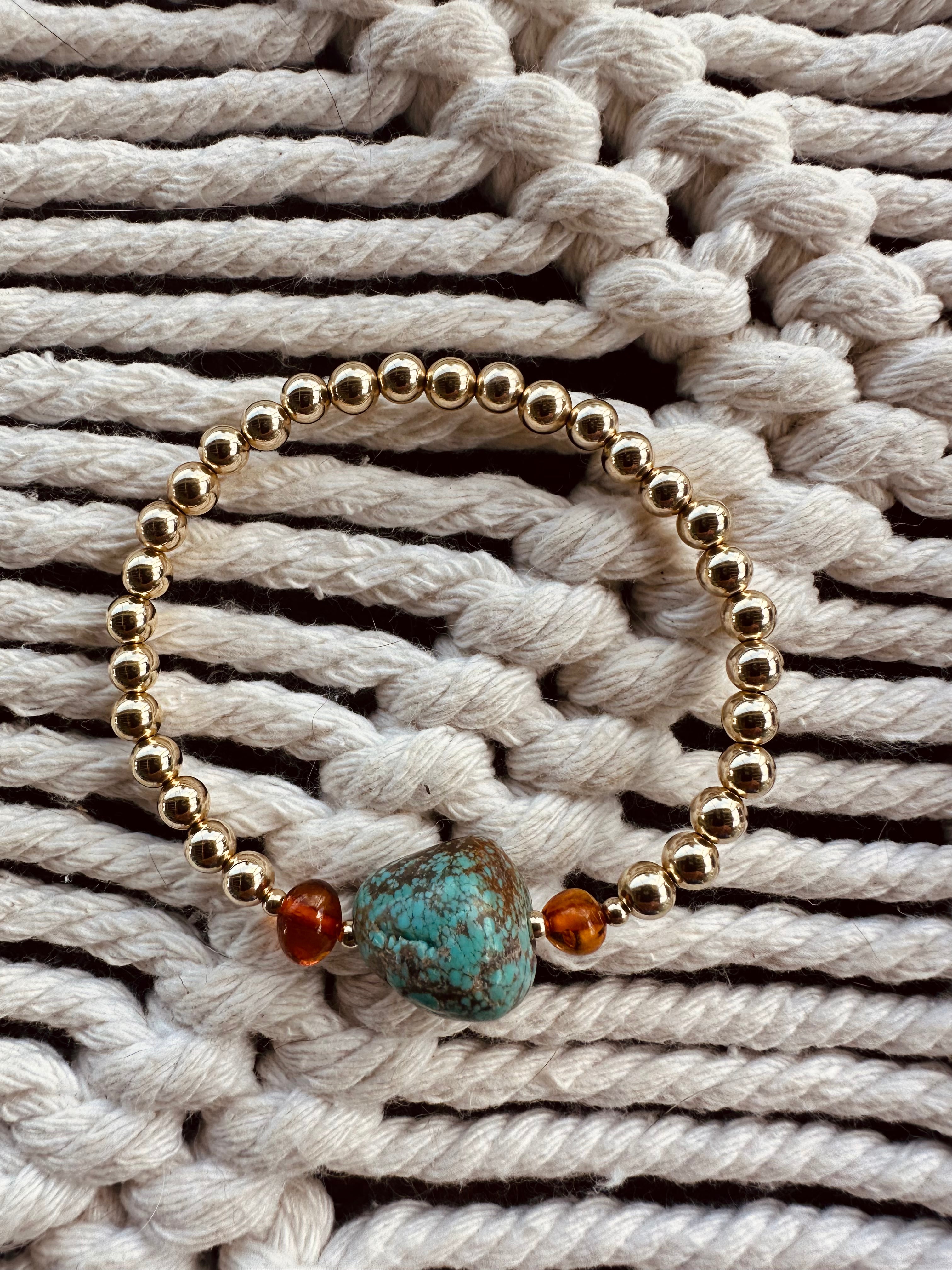 Natural Turquoise + Baltic Amber || 14K Gold Filled || Adult Stretch Bracelet by CanyonLeaf