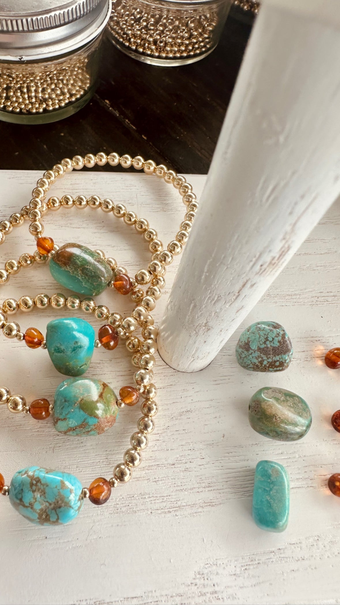 Natural Turquoise + Baltic Amber || 14K Gold Filled || Adult Stretch Bracelet by CanyonLeaf