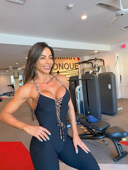 SCRUNCH BOOTY BLACK WAVE AND BROWN LEOPARD LACE JUMPSUIT by Iris Fitness Online