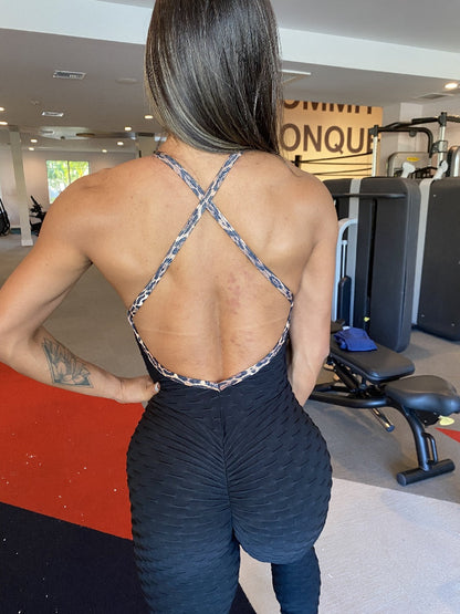 SCRUNCH BOOTY BLACK WAVE AND BROWN LEOPARD LACE JUMPSUIT by Iris Fitness Online
