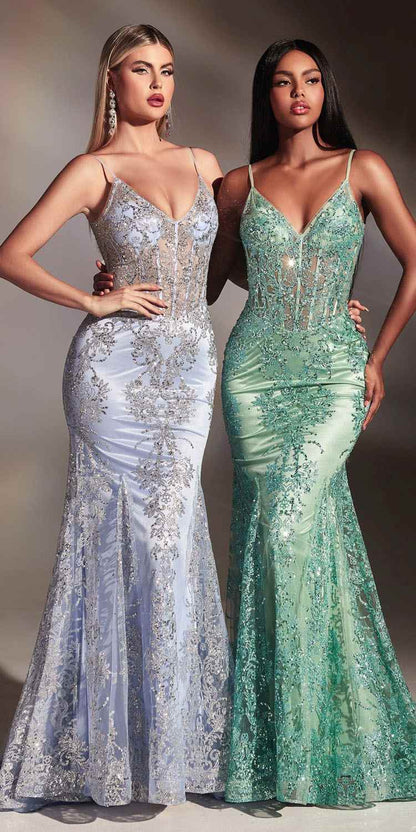 Ladivine J810 Long Fitted Floral Glitter Print Corset Gown by DiscountDressShop